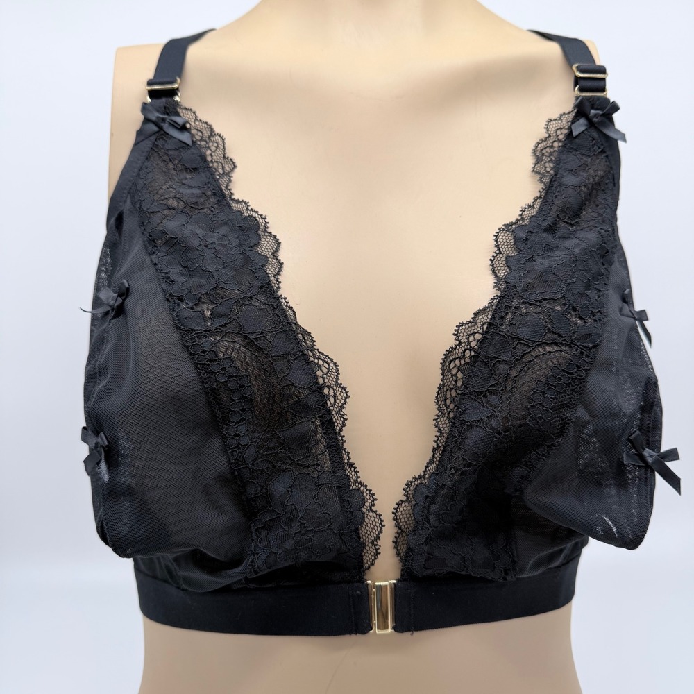 Cacique Black Lace Mesh Strappy Cage Back Bralette 44D Front Clasp Bows Sexy - Picture 1 of 7